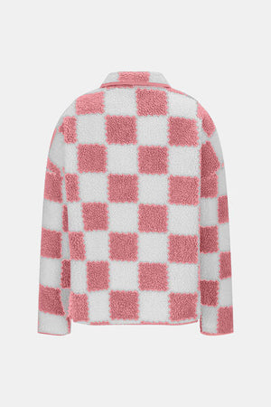 Elegant Checkered Snap Down Long Sleeve Teddy Jacket Soft & Warm Colorful Jacket
