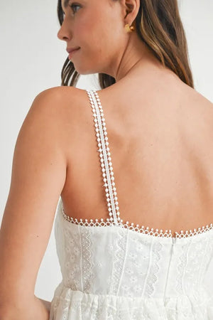 Eyelet Lace Babydoll Mini Cami Dress – Feminine Eyelet Lace Dress, Fluttering, Bohemian Babydoll Silhouette, Breezy Summer Dress, Casual Day Out Dress