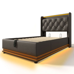 Upholstered Bed, 360 Surround LED Function, Remote Control, Hydraulic Storage Bed With USB, Type-C Charging (Without Mattress) by Couch.com