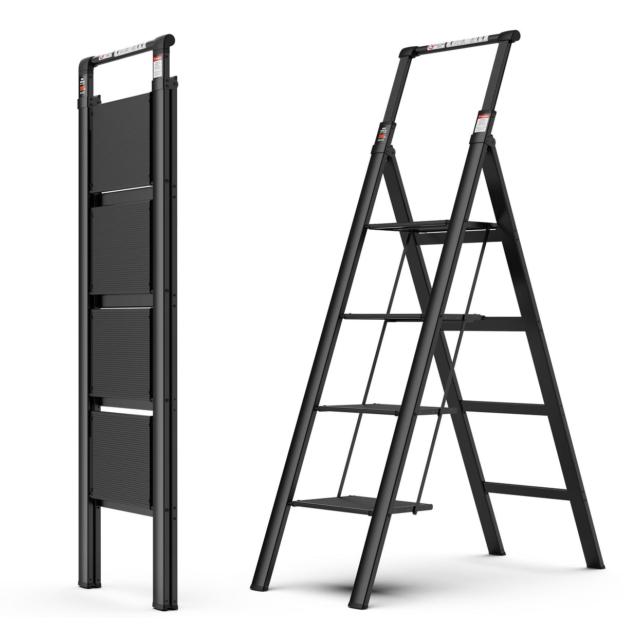 4 Step Ladder, Retractable Handgrip Folding Step Stool With Anti-Slip Wide Pedal, Aluminum Step Ladders 4 Steps, 300Lbs Safety Household Ladder - Black by Couch.com