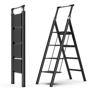 4 Step Ladder, Retractable Handgrip Folding Step Stool With Anti-Slip Wide Pedal, Aluminum Step Ladders 4 Steps, 300Lbs Safety Household Ladder - Black by Couch.com
