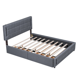 A partially assembled grey Upholstered Platform Bed with a quilted headboard, wooden slats, and open side panels revealing the frame structure.