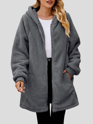 Comfortable Fuzzy Pocketed Zip-Up Long Sleeve Hooded Jacket Cozy & Warm Soft Outerwear For Winter