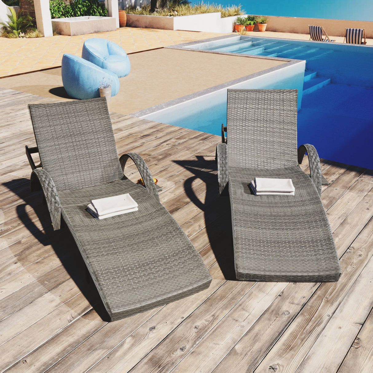K&K 80" Outdoor Wicker Chaise Lounge Chairs Set of 2
