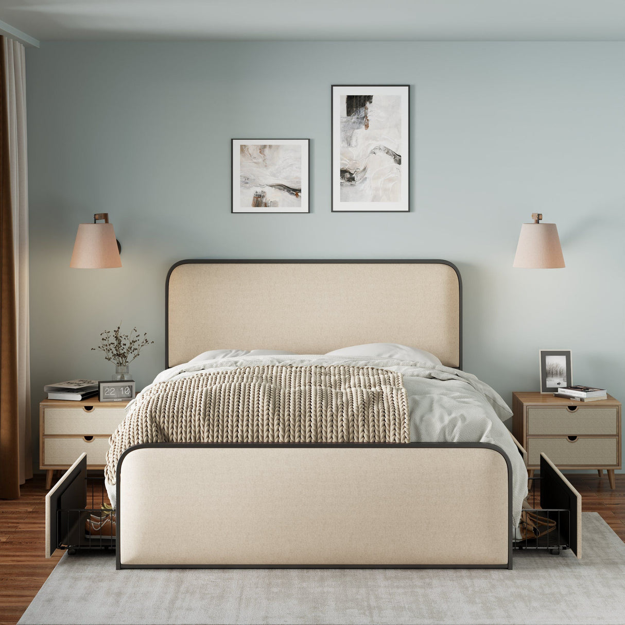 In a minimalist bedroom with light-colored walls and a wooden floor, a neatly made bed featuring the Modern Bed with Curved Upholstered Headboard sits. Two side tables with drawers and lamps flank the bed, while two abstract art pieces are displayed above the headboard.