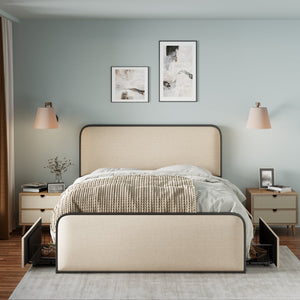 In a minimalist bedroom with light-colored walls and a wooden floor, a neatly made bed featuring the Modern Bed with Curved Upholstered Headboard sits. Two side tables with drawers and lamps flank the bed, while two abstract art pieces are displayed above the headboard.