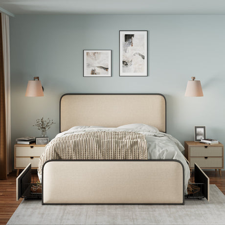 In a minimalist bedroom with light-colored walls and a wooden floor, a neatly made bed featuring the Modern Bed with Curved Upholstered Headboard sits. Two side tables with drawers and lamps flank the bed, while two abstract art pieces are displayed above the headboard.