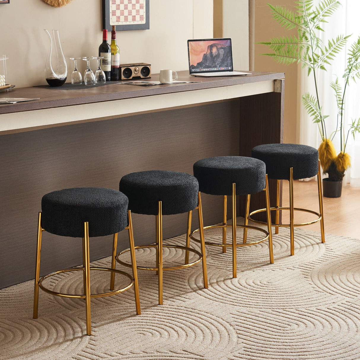 Round Bar Stools (Set of 2), Contemporary Upholstered Dining Stools For Kitchens, Coffee Shops And Bar Stores - Gold Legs by Couch.com