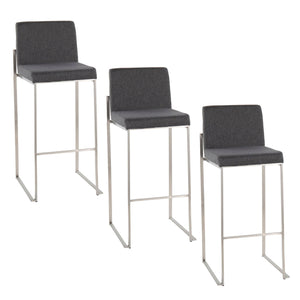 Three Fuji High Back Barstools with gray upholstered seats and backs, each at varying heights, feature sleek metal legs and footrests, arranged in a row on a white background.