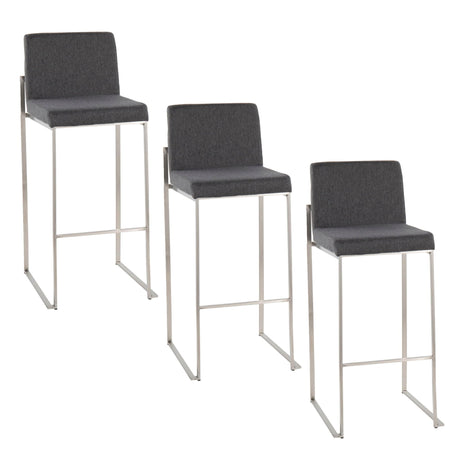 Three Fuji High Back Barstools with gray upholstered seats and backs, each at varying heights, feature sleek metal legs and footrests, arranged in a row on a white background.