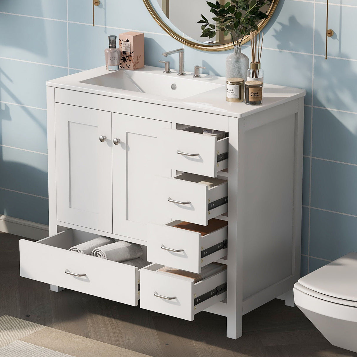 Bathroom Vanity With Ceramic Sink Combo, Abundant Storage Cabinet -2 Soft-Close Doors And 5 Drawers by Couch.com