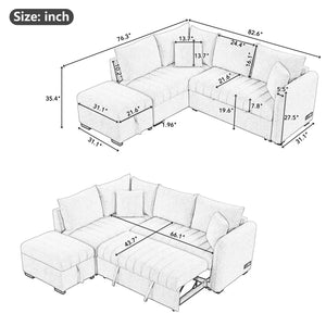 L-Shaped Sectional Pull Out Sofa Bed Sleeper Sofa With Two USB Ports, Two Power Sockets And A Movable Storage Ottoman by Couch.com