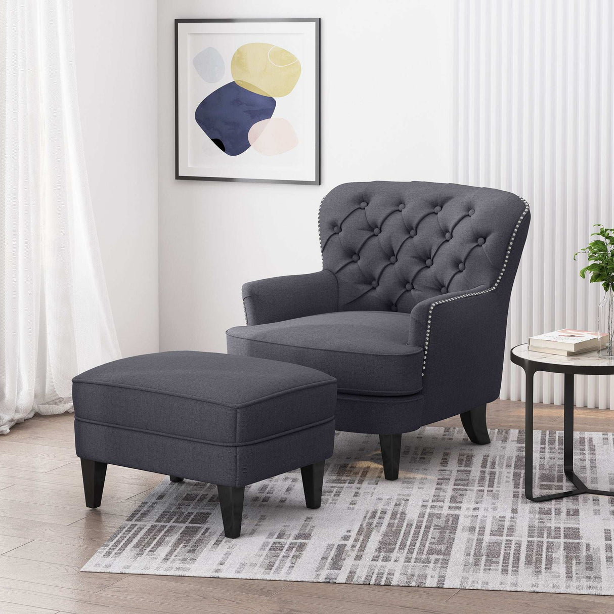 Enchante Living Room Set With Tufted Back Club Chair And Ottoman