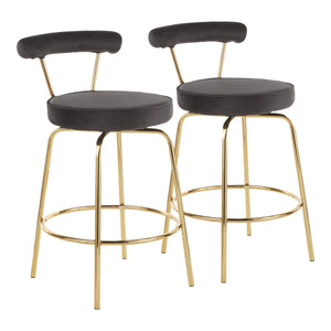 Rhonda Glam Counter Stool in Gold Metal and Black Velvet - Set of 2