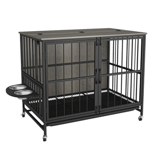 Modern Kennel Dogs Room Up To 60 Lb, Dog Crate Furniture With Multi-Purpose Rremovable Ttray, Double-Door Dog House, Lift Panel, 360 Degree Rotation, 3 Height Adjustable Feeding Bowls by Couch.com