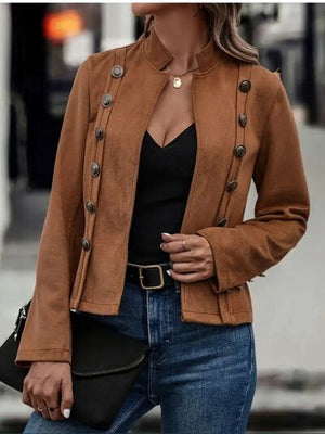 Decorative Button Open Front Long Sleeve Jacket – Elegant Casual Outerwear for Women