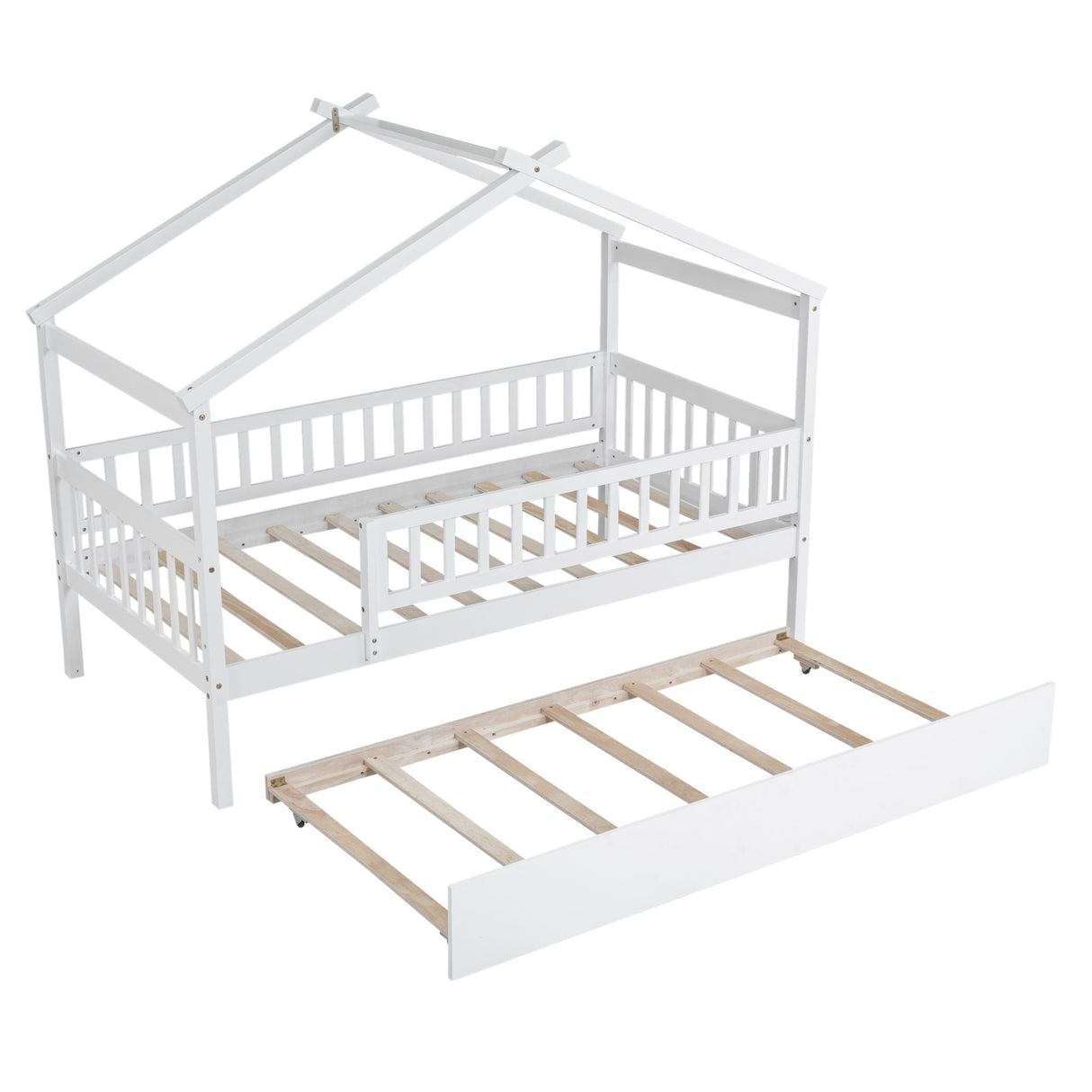 The Creativity House Bed with Twin Size Trundle features a playful white, house-shaped wooden frame with an open roof design, slatted base and railings, plus a pull-out trundle bed also supported by slats.