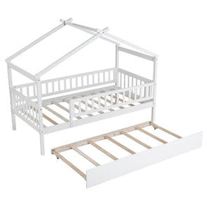 The Creativity House Bed with Twin Size Trundle features a playful white, house-shaped wooden frame with an open roof design, slatted base and railings, plus a pull-out trundle bed also supported by slats.