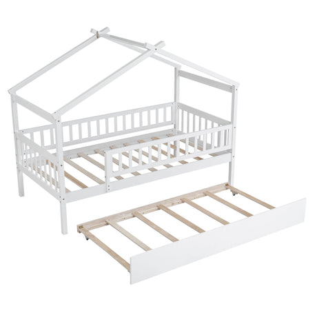 The Creativity House Bed with Twin Size Trundle features a playful white, house-shaped wooden frame with an open roof design, slatted base and railings, plus a pull-out trundle bed also supported by slats.