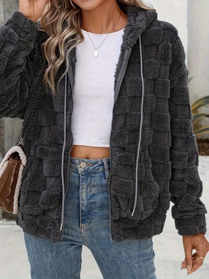 Dark Gray Women Checkered Pattern Jacket Comfy Textured Zip-Up Drawstring Fuzzy Jacket