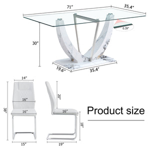 Table And Chair Set, Large Modern Rectangular Glass Table, Can Accommodate 6-8 People, Equipped With A 0.39" Tempered Glass Tabletop And MDF Table Legs.Paired With Comfortable And Soft Chairs - White / Pearl Silver by Couch.com