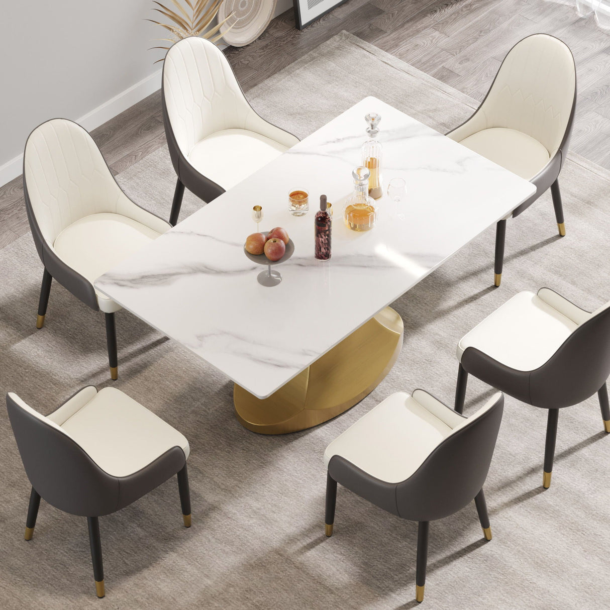 63" Modern Artificial Stone Panel Golden Stainless Steel Curved Legs, Can Accommodate 6-8 People - White / Gold by Couch.com