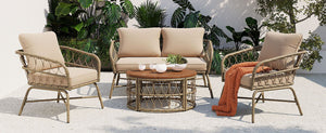 Bohemia-Inspired 4 Person Outdoor Seating Group With Removable Cushions, Conversation Patio Set With Wood Tabletop - Beige by Couch.com
