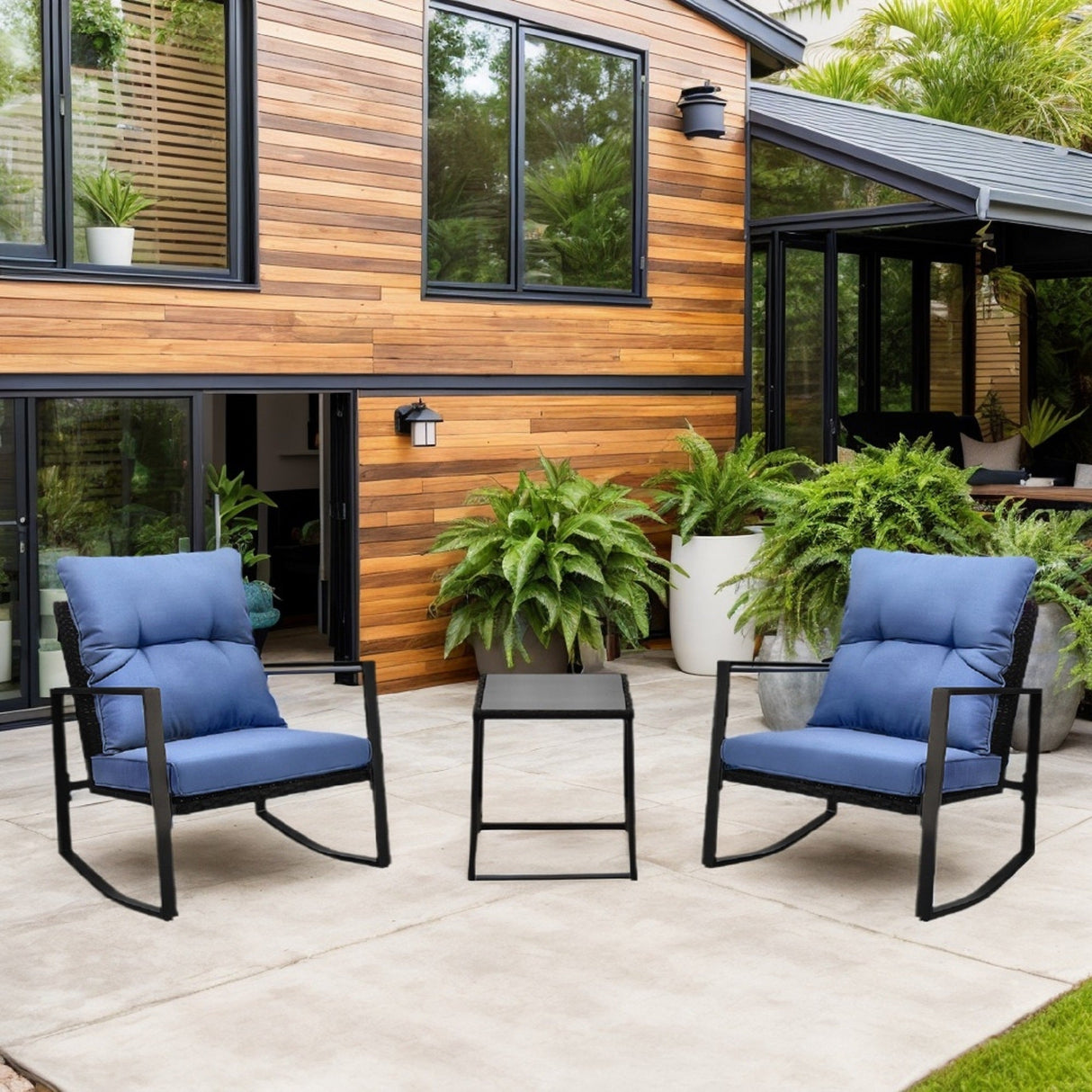 3 Pieces Patio Bistro Set Outdoor Rocking Chair with Blue Cushion for Yard Garden Poolside