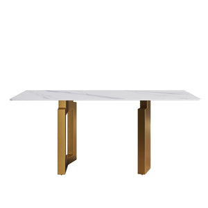 70.87" Modern Artificial Stone Straight Edge Golden Metal Leg Dining Table, Can Accommodate 6-8 People - White / Gold by Couch.com