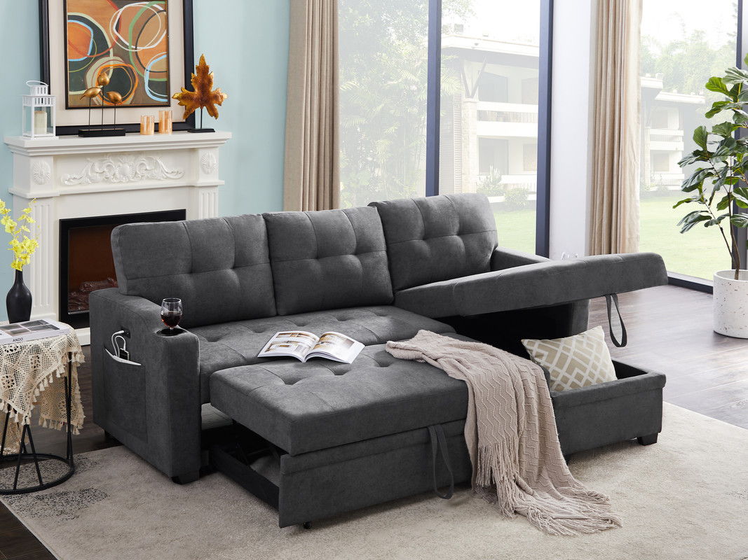 Mabel - Woven Fabric Sleeper Sectional With Cupholder, USB Charging Port nd Pocket - Dark Gray by Couch.com