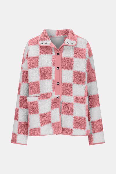 Elegant Checkered Snap Down Long Sleeve Teddy Jacket Soft & Warm Colorful Jacket