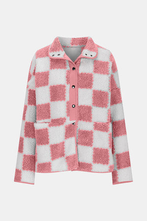 Elegant Checkered Snap Down Long Sleeve Teddy Jacket Soft & Warm Colorful Jacket