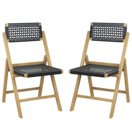 Set of 2 Folding Chairs Indonesia Teak Wood Dining Chairs with Woven Rope Seat and Back
