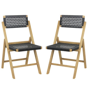 Set of 2 Folding Chairs Indonesia Teak Wood Dining Chairs with Woven Rope Seat and Back