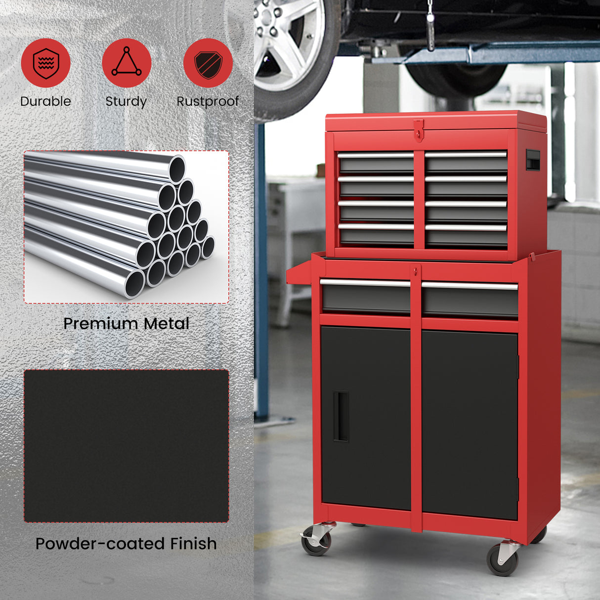 2-in-1 Tool Chest and Cabinet with 5 Sliding Drawers-Black