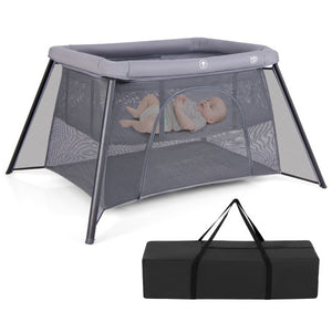2-in-1 Portable Baby Playpen with Safety Enclosure and Padded Mattress-Dark Gray