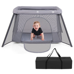 2-in-1 Portable Baby Playpen with Safety Enclosure and Padded Mattress-Dark Gray