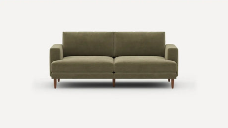 The Ember Mid-Century Modern 75" Sofa is an elegant piece with a minimalist design, showcasing clean lines and wooden legs, all highlighted against a plain white background.