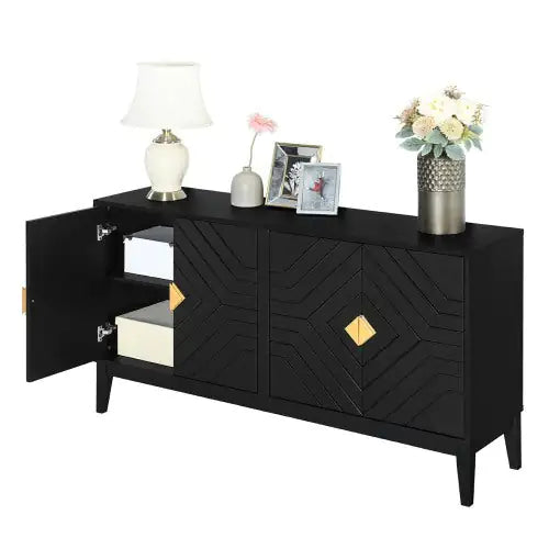 4-door Sideboard Storage Cabinet For Living And Dining Room, Two Large Cabinets With Gold Handle And Adjustable Shelves, Black