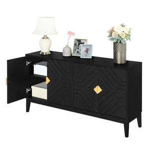 4-door Sideboard Storage Cabinet For Living And Dining Room, Two Large Cabinets With Gold Handle And Adjustable Shelves, Black