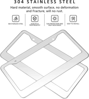 2PCS Chrome Stainless Steel Metal License Plate Frame Tag Cover With Screw Caps