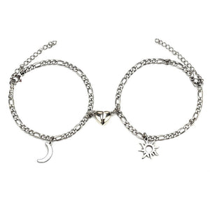 2pcs/set Stainless Steel Sun Moon Couple Bracelets Magnet Attraction Love Heart Shaped Charms Couples Bracelet Stainless Steel Chain Bracelets Charm Jewelry Matching Couple Bracelets