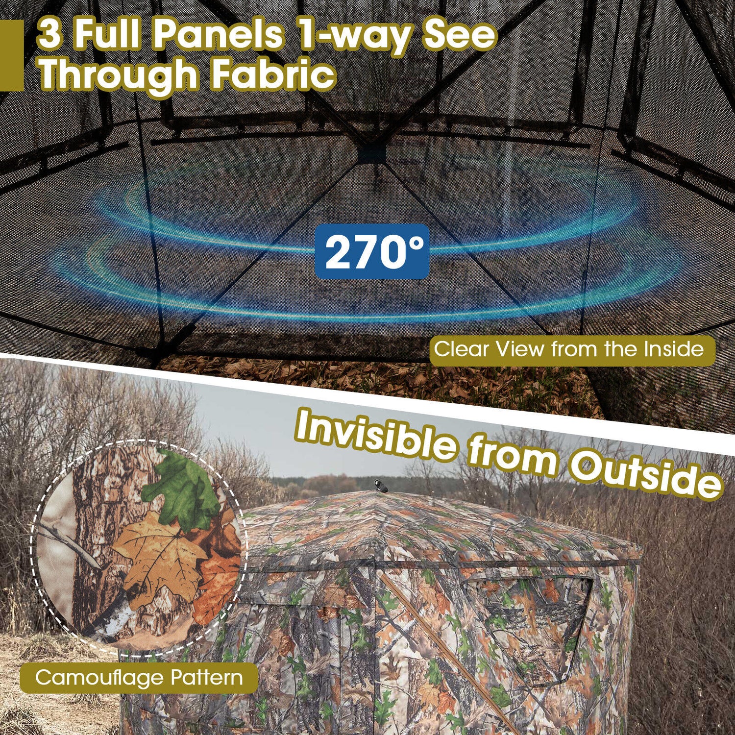 2-3 Person Hunting Blind Portable Pop Up Ground Tent with Carry Bag and Storage Pocket