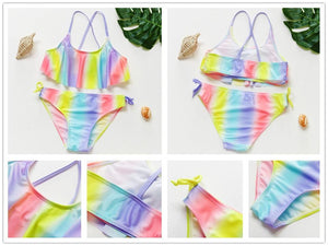 3-16Y Cartoon Two-piece Girls Swimwear Ruffle Swimsuit Bikini Set One Shoulder Beachwear Princess Two Piece Bathing Suit Children Swimwear Girls Swimsuit Bikini Set