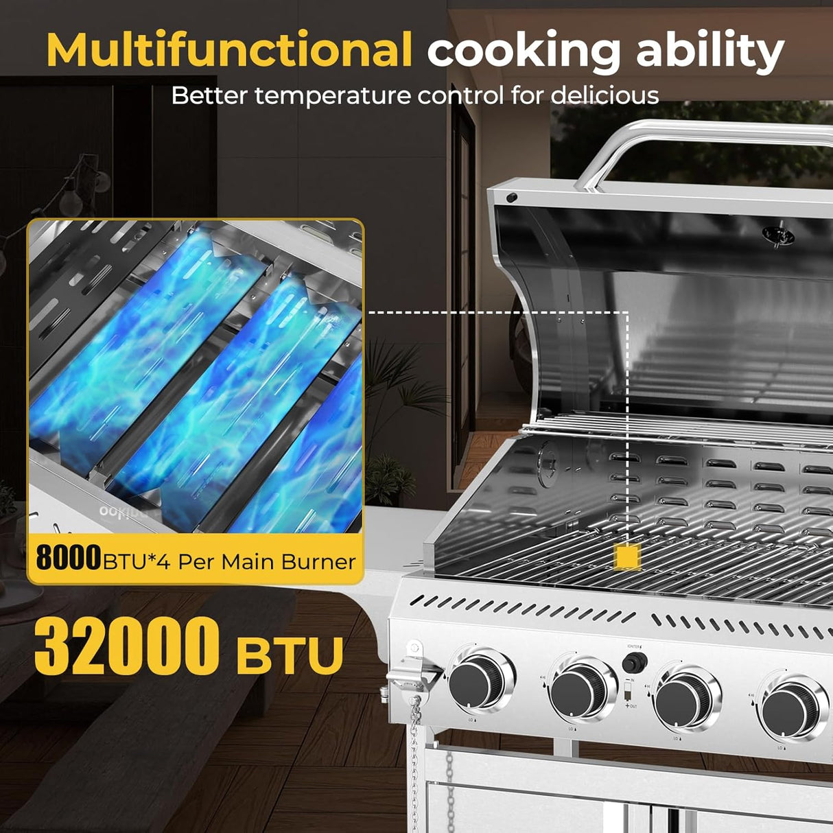 3 & 4-Burner Propane Gas Grills with Side Burners, for Outdoor Cooking, BBQ, Patio, Camping