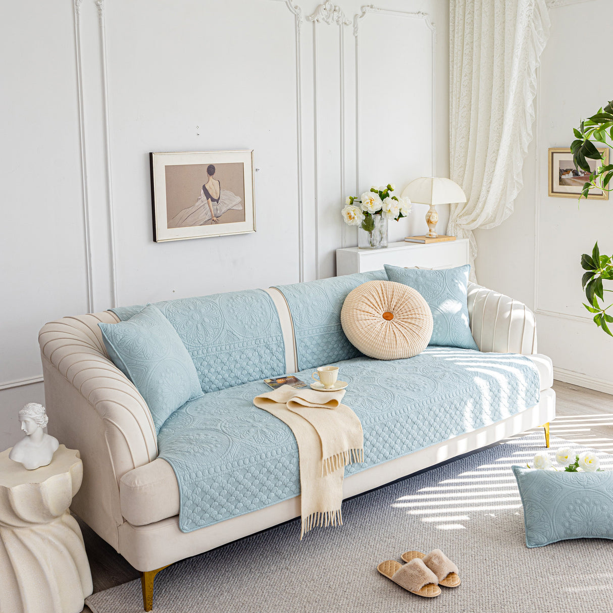 Cotton Quilted Sofa Cover, Non-Slip Couch Protector Fits Backrest, Seat & Armrest