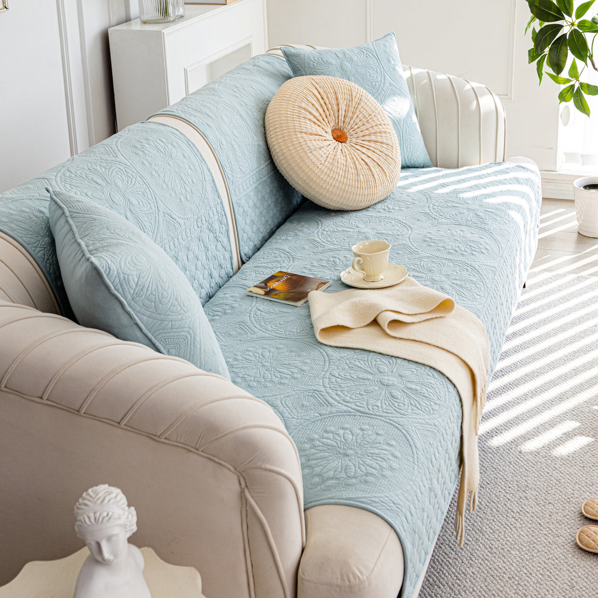 Cotton Quilted Sofa Cover, Non-Slip Couch Protector Fits Backrest, Seat & Armrest