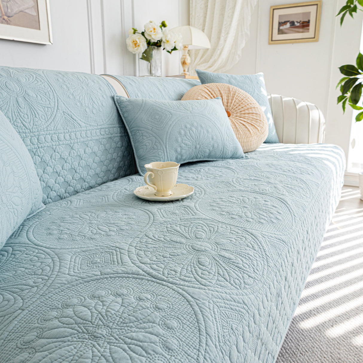 Cotton Quilted Sofa Cover, Non-Slip Couch Protector Fits Backrest, Seat & Armrest