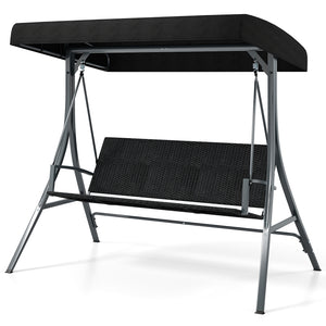 3-Person Porch Swing with Stand Outdoor Canopy Swing with Rattan Seat Back-Black