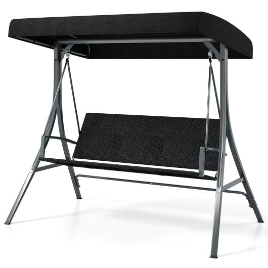 3-Person Porch Swing with Stand Outdoor Canopy Swing with Rattan Seat Back-Black